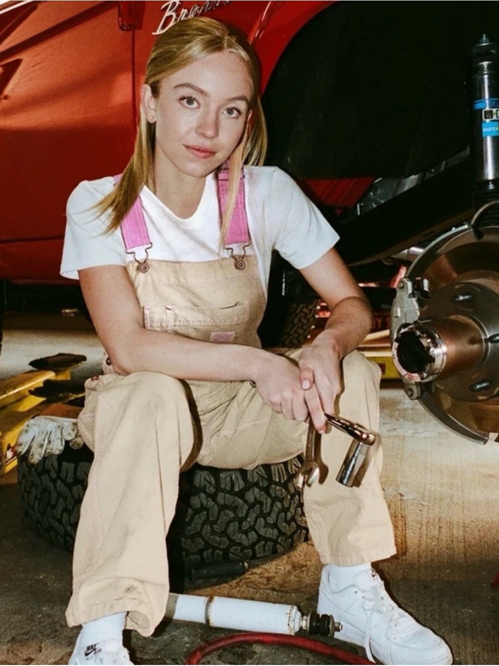 Sydney Sweeney X Ford Dickies Beige Women’s Carpenter Overalls with Pink Straps